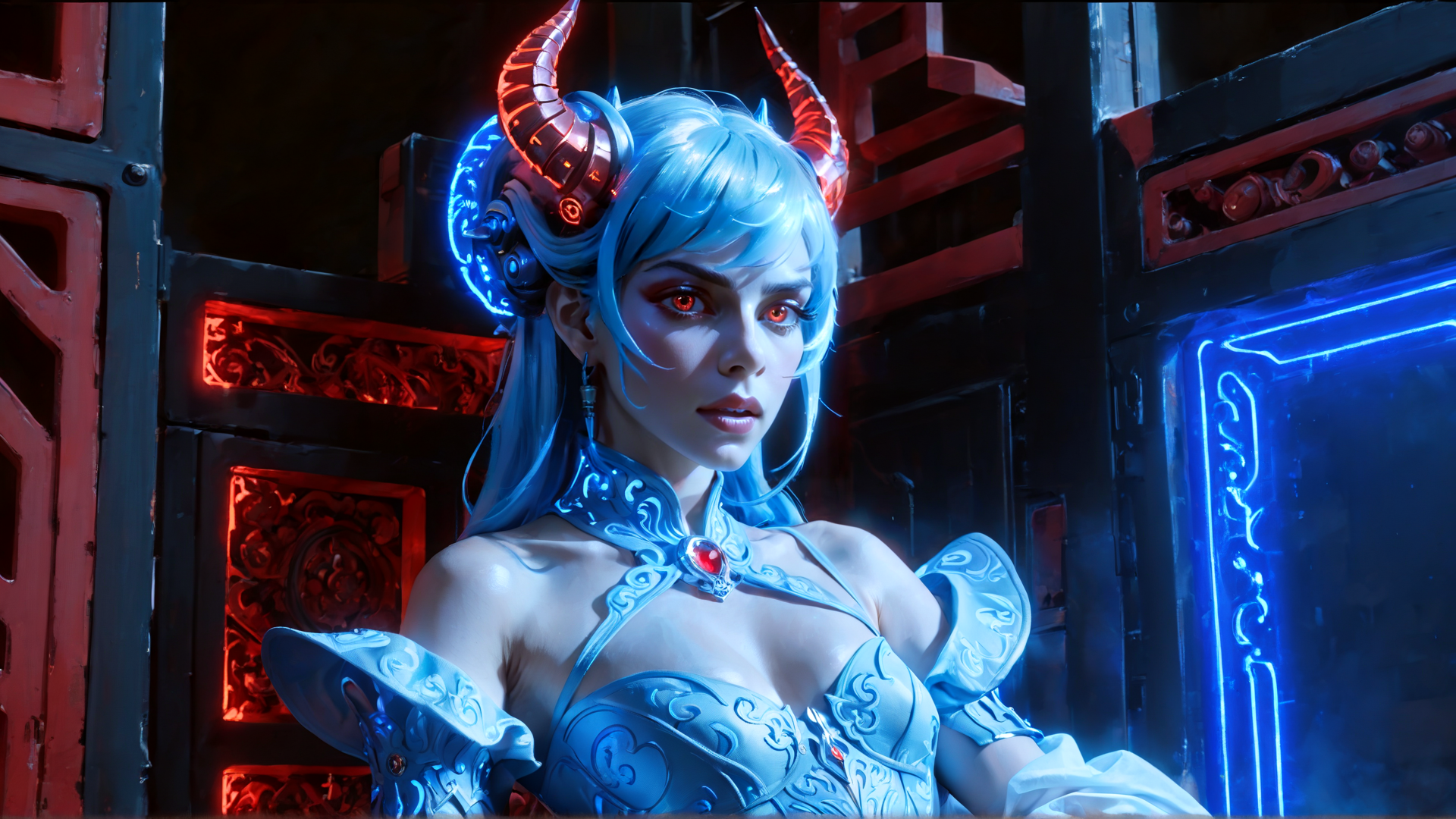 AI generated wallpaper featuring demon, cyberpunk, woman, neon, character, armor, horn, neon light, blue hair, red eyes