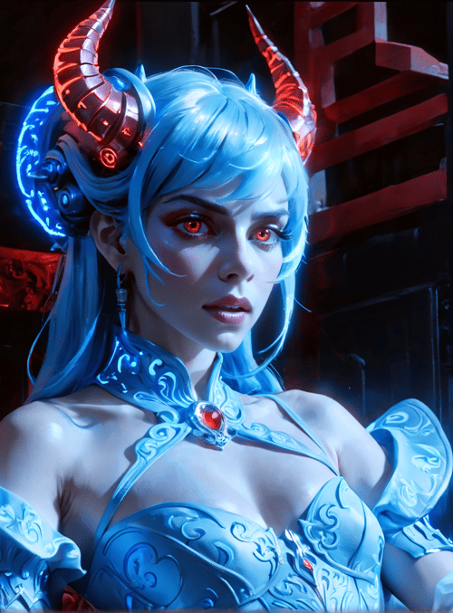 demon, cyberpunk, woman, neon, character, armor, horn, neon light, blue hair, red eyes