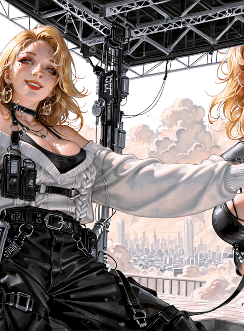 women, cyberpunk, cityscape, guns, accessories, sweater, leather, bikini top, metal structure, clouds