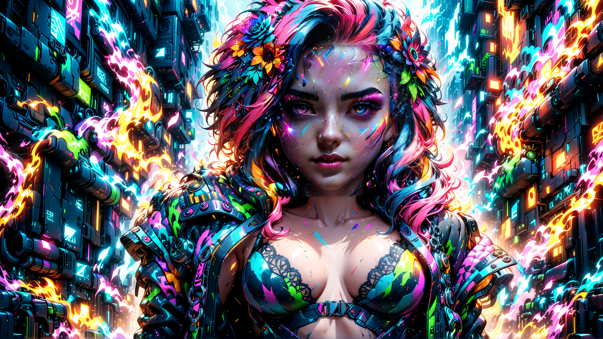 AI generated wallpaper featuring woman, cyberpunk, city