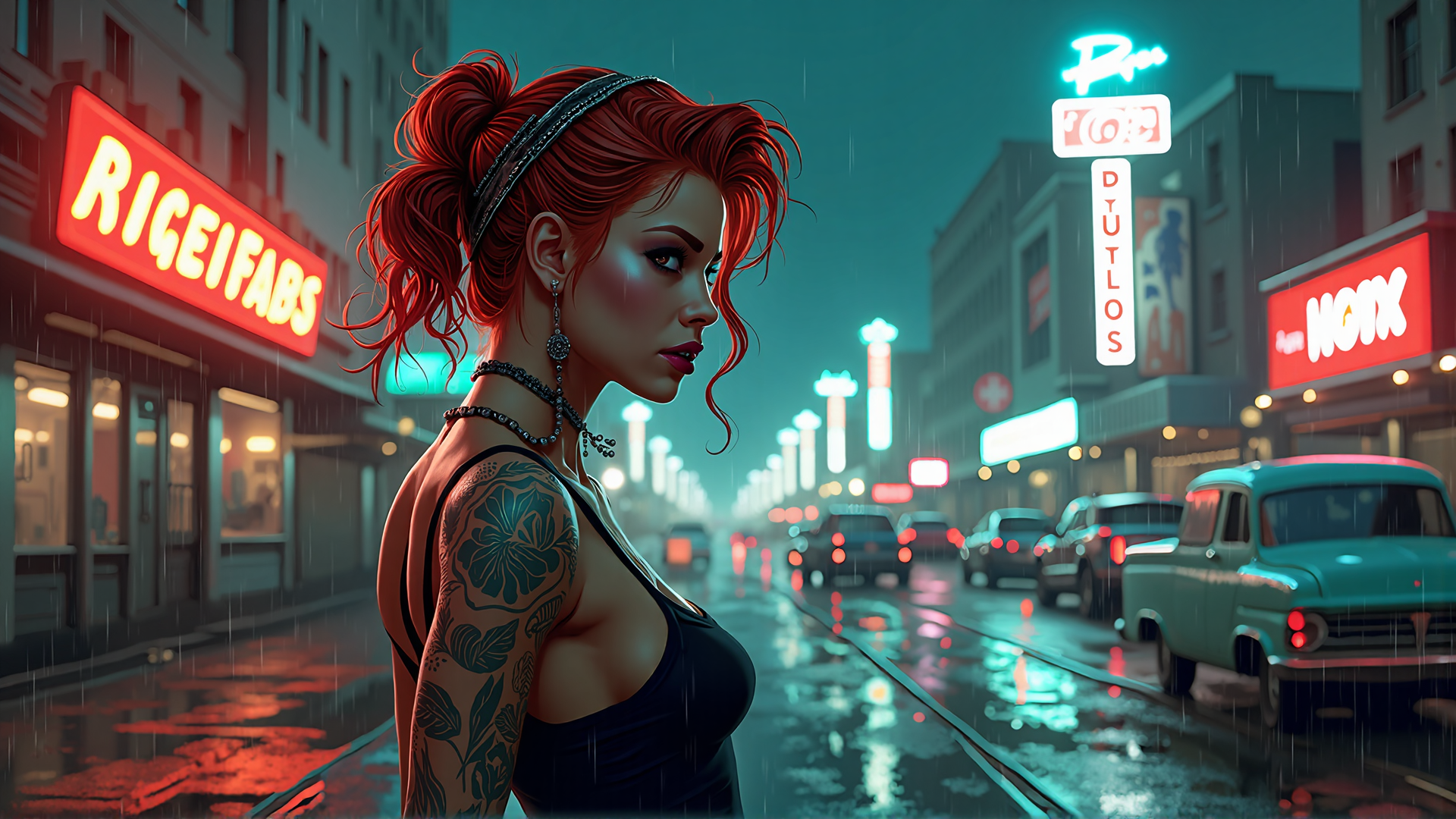AI generated wallpaper featuring woman, tattoo, city, street, rain, neon, car, sign, building, headband