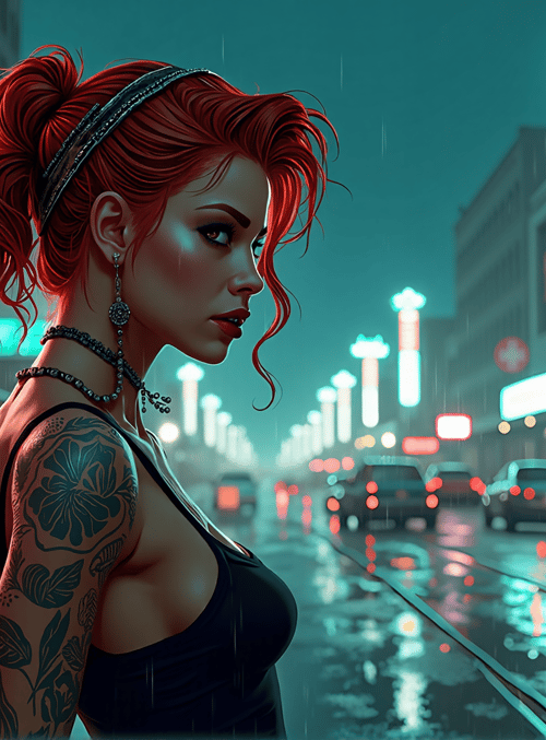 woman, tattoo, city, street, rain, neon, car, sign, building, headband