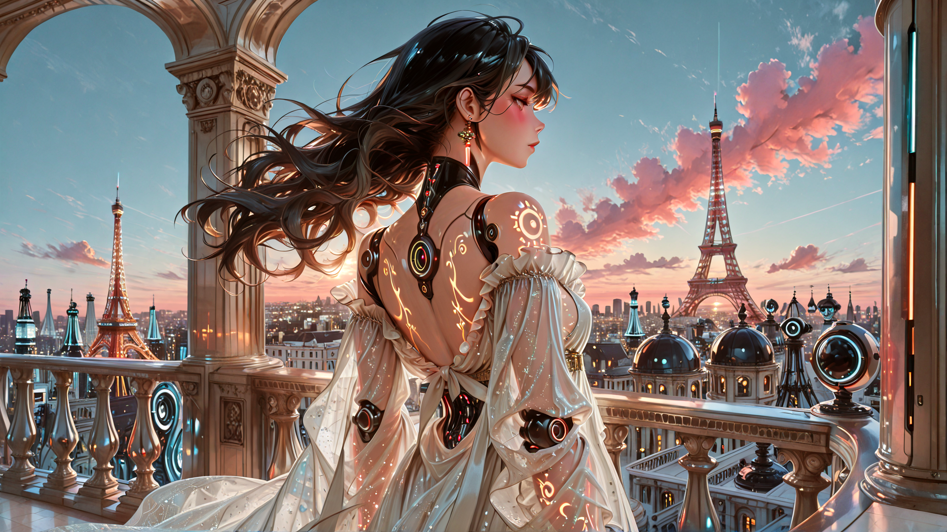 AI generated wallpaper featuring woman, eiffel tower, cityscape, futuristic dress, sunset