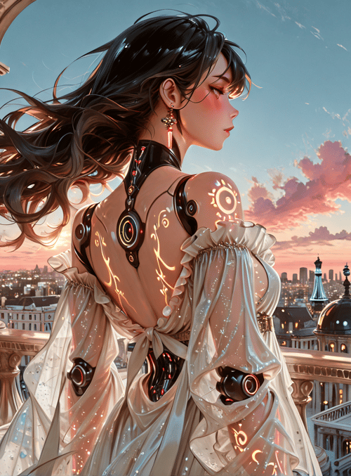 woman, eiffel tower, cityscape, futuristic dress, sunset