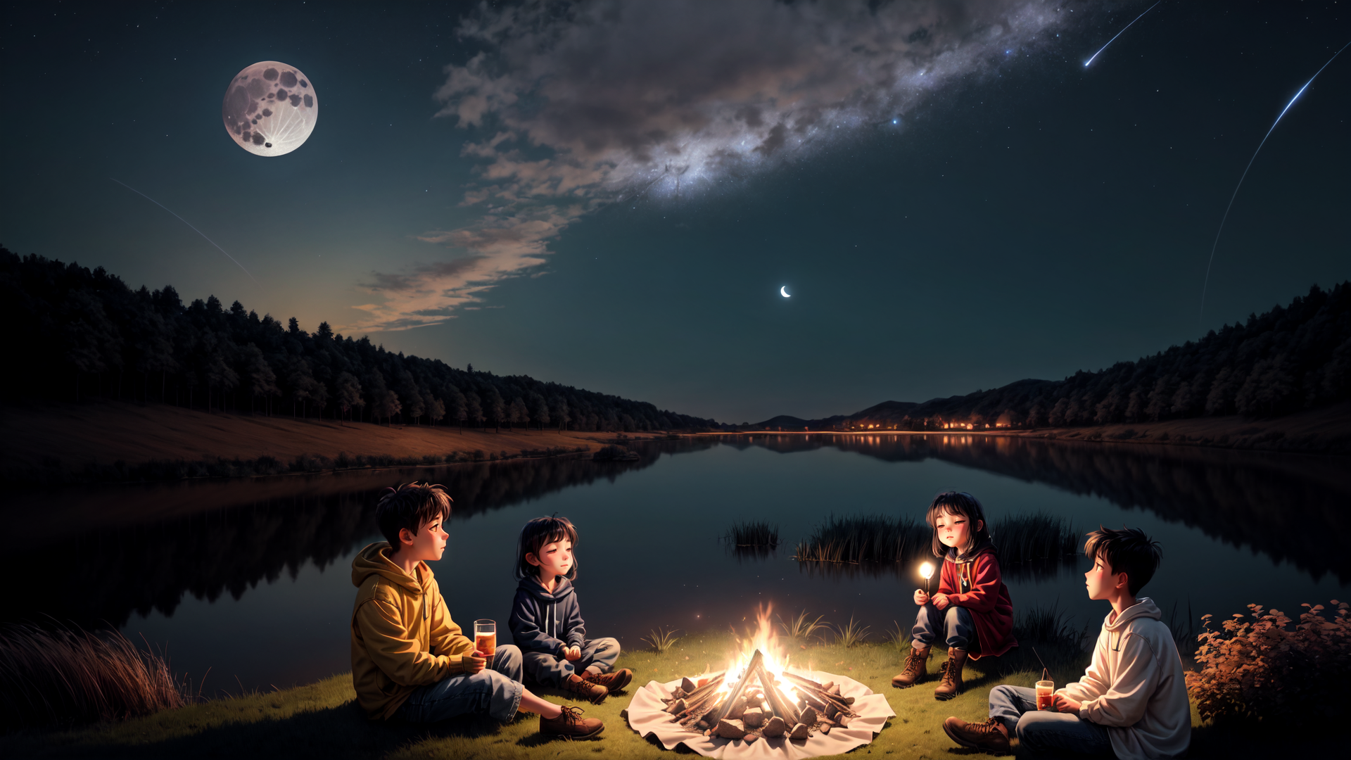 AI generated wallpaper featuring children, campfire, lake, moon, stars, forest, candle, drink, grass, trees
