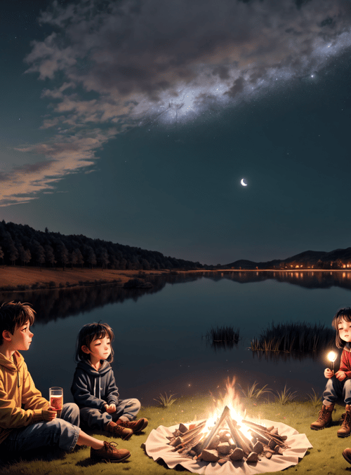 children, campfire, lake, moon, stars, forest, candle, drink, grass, trees