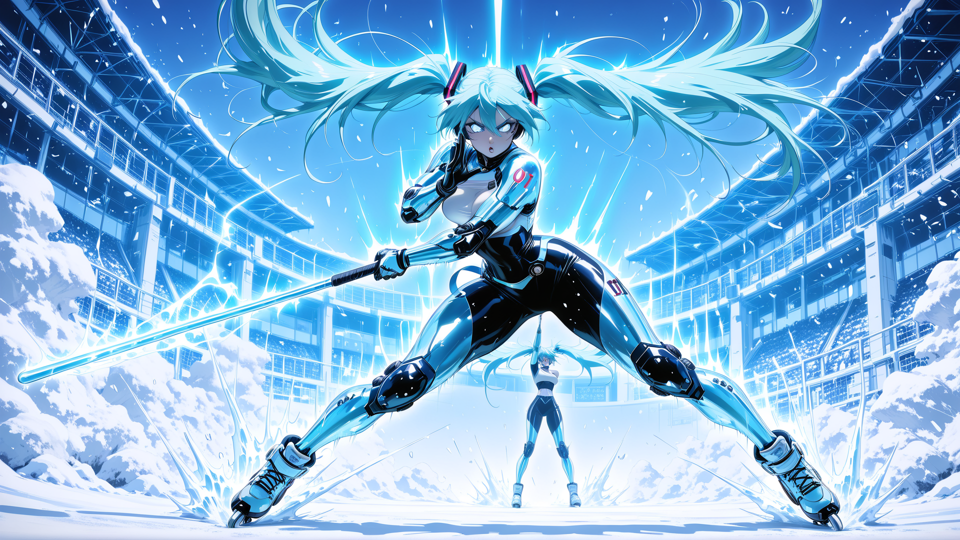 AI generated wallpaper featuring character, roller skates, sword, snow, stadium, double, pigtails, cyberpunk, anime, ice