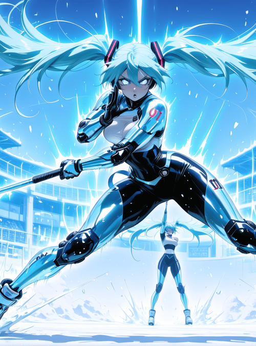 character, roller skates, sword, snow, stadium, double, pigtails, cyberpunk, anime, ice