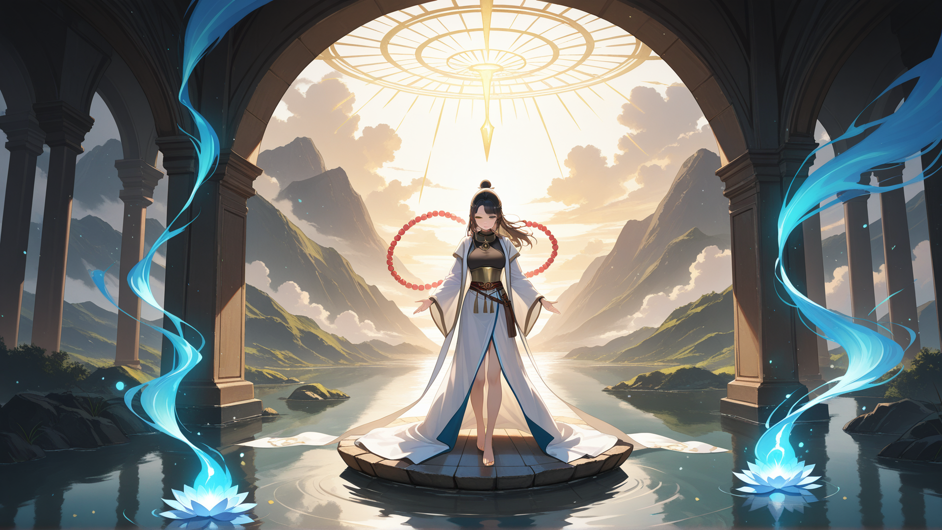 AI generated wallpaper featuring ancient figure, lotus, mountains