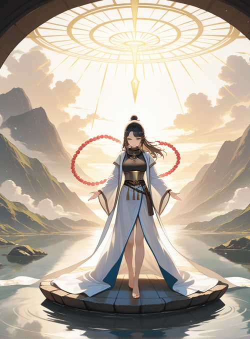 ancient figure, lotus, mountains