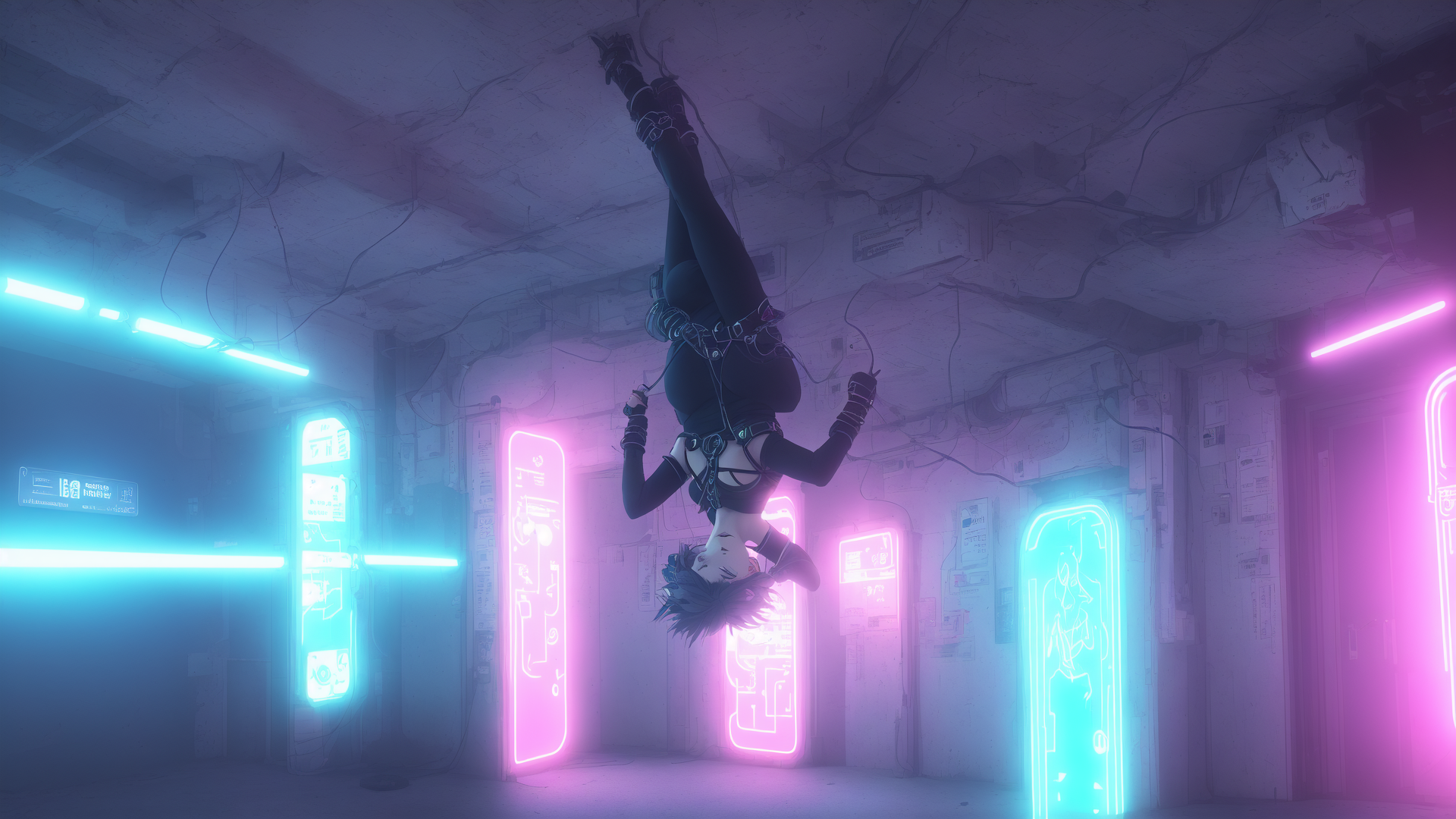 AI generated wallpaper featuring anatomical figure, neon lights, room