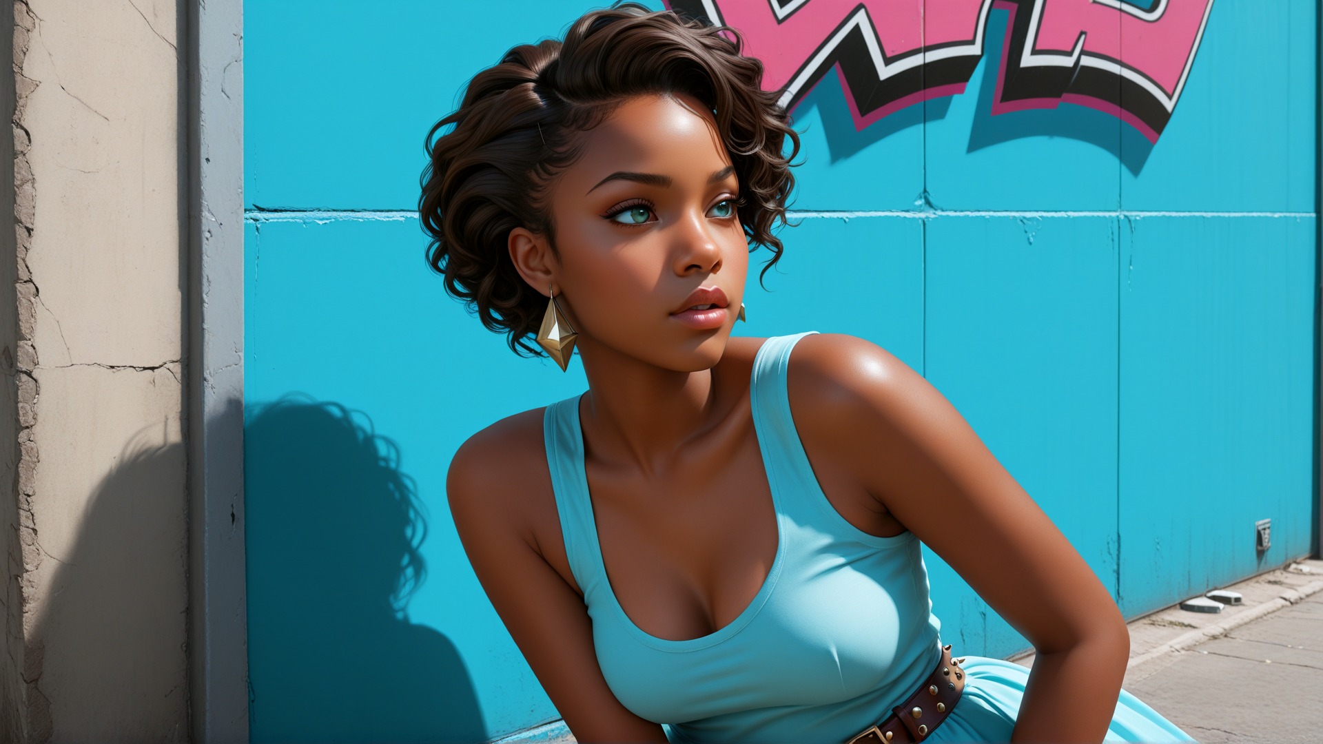 AI generated wallpaper featuring woman, graffiti, street, wall, dress, earrings, shadow