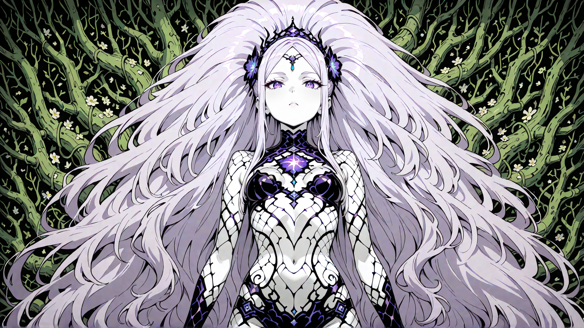 AI generated wallpaper featuring anime girl, long hair, tree, flower, crown, armor