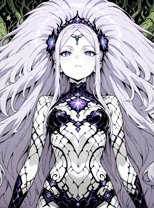anime girl, long hair, tree, flower, crown, armor