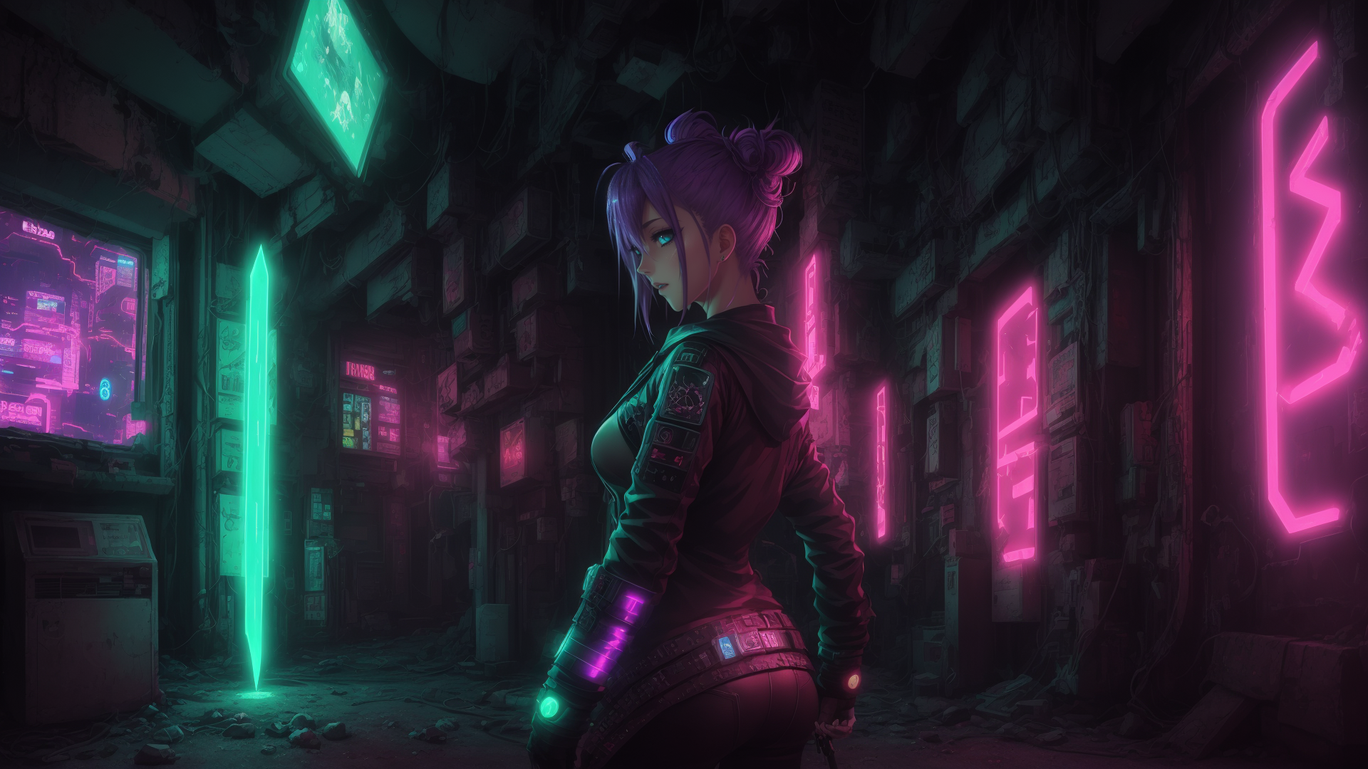 AI generated wallpaper featuring cyberpunk, woman, neon