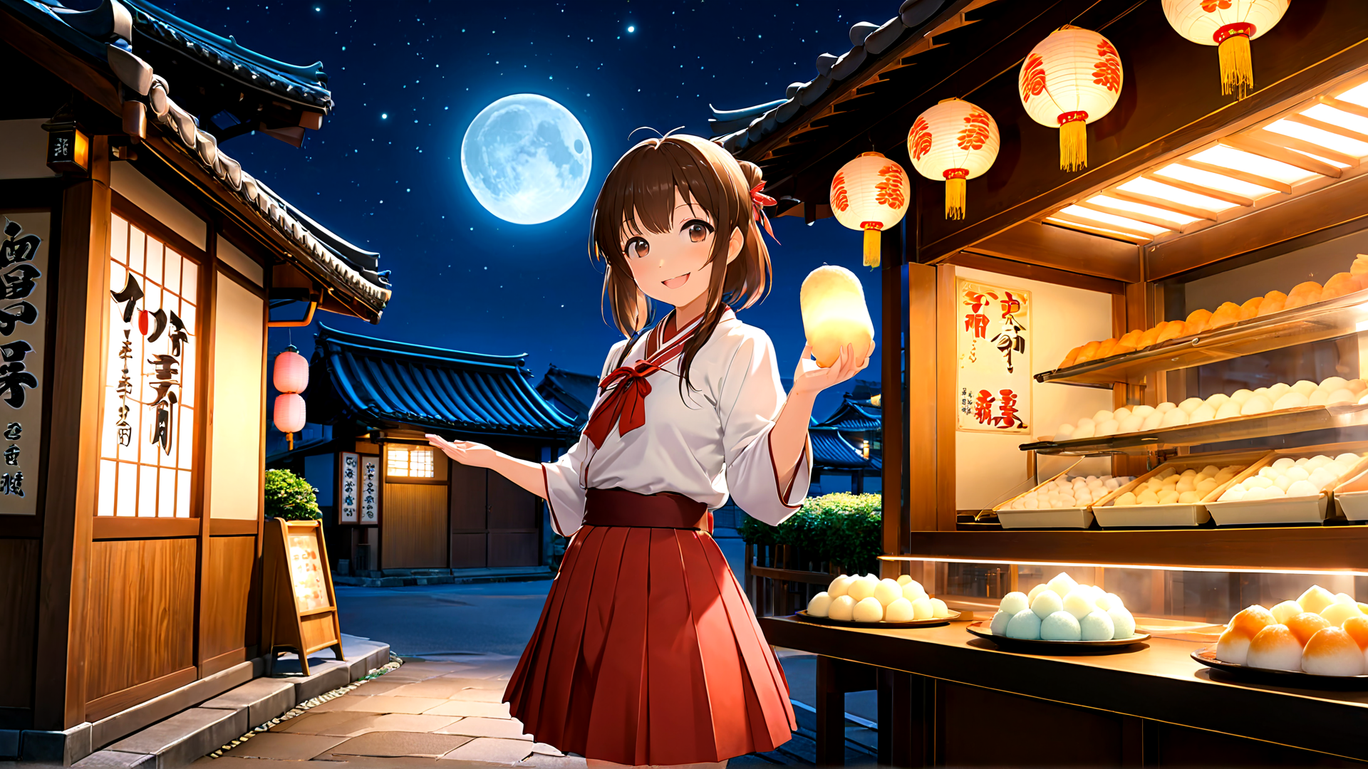 AI generated wallpaper featuring girl, lantern, moon, food stall, traditional building