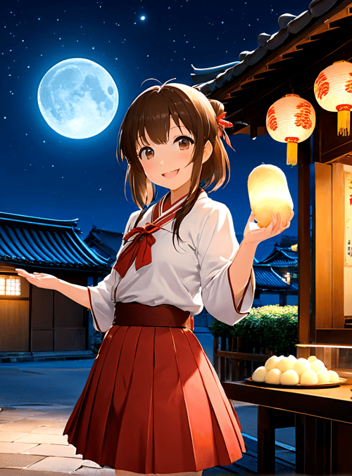 girl, lantern, moon, food stall, traditional building