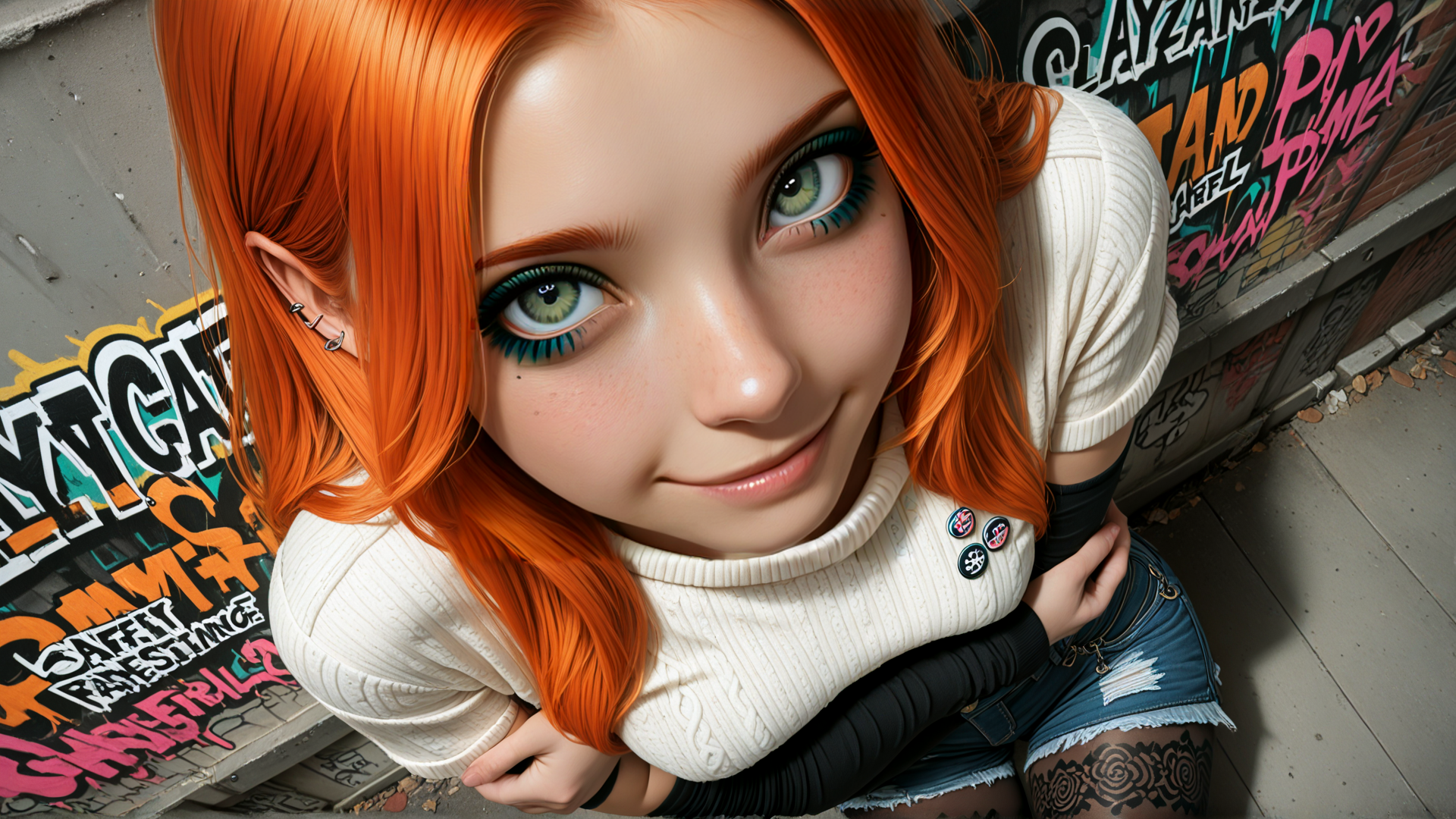 AI generated wallpaper featuring girl, hair, tattoo, jacket, shorts, earring, sweater, skirt, graffiti, glasses