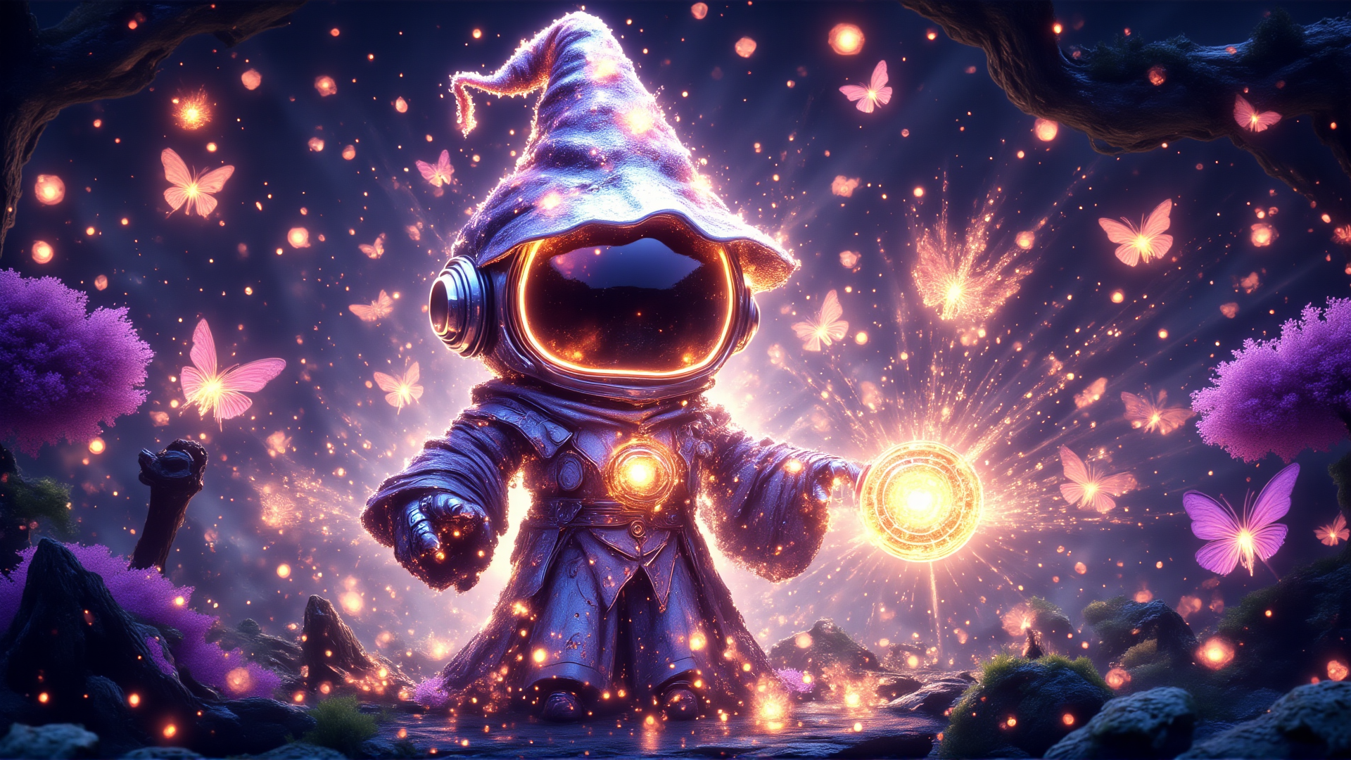 AI generated wallpaper featuring astronaut, wizard, butterfly