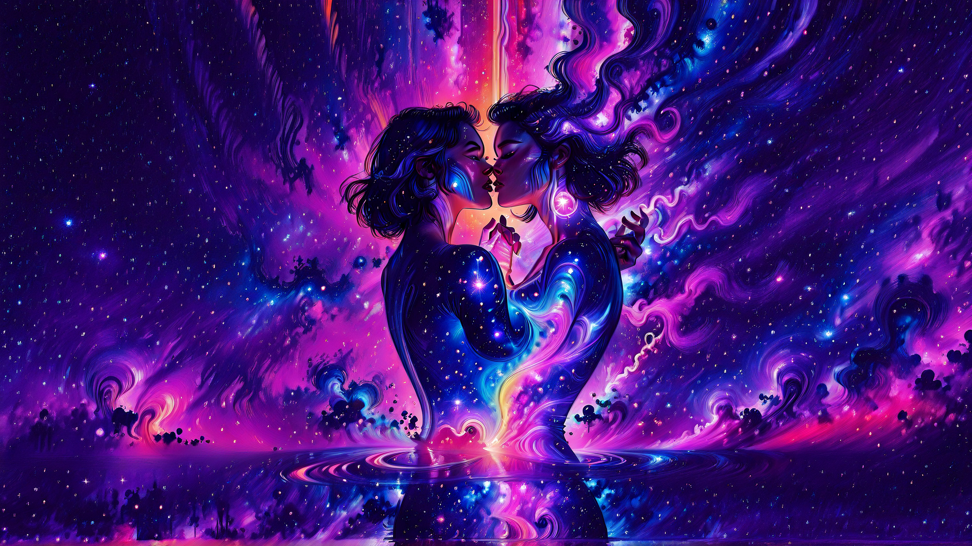 AI generated wallpaper featuring couple, kiss, stars, galaxy, nebula, cosmos, space