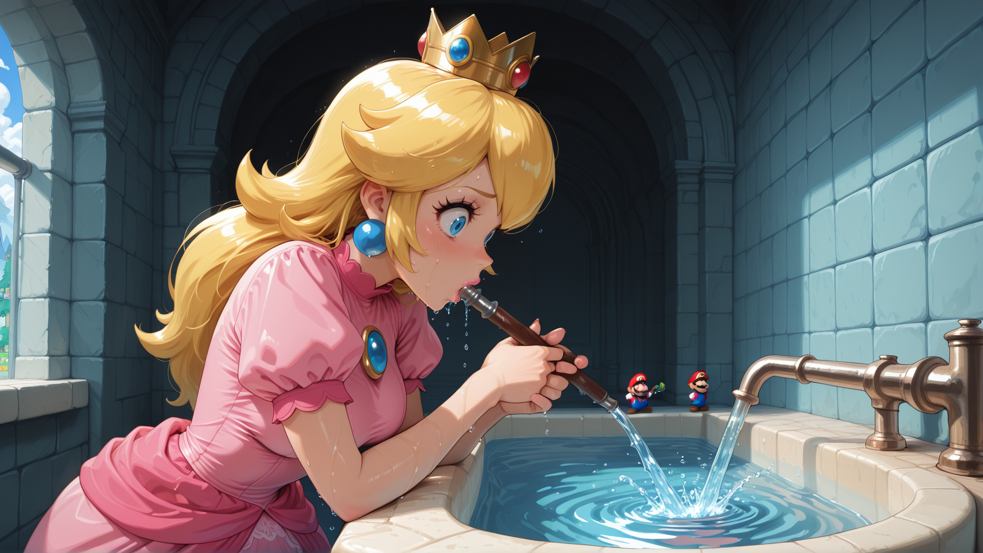 AI generated wallpaper featuring princess peach, mario, bathroom, bathtub, water faucet, crown, earrings, dress, toilet, pipe
