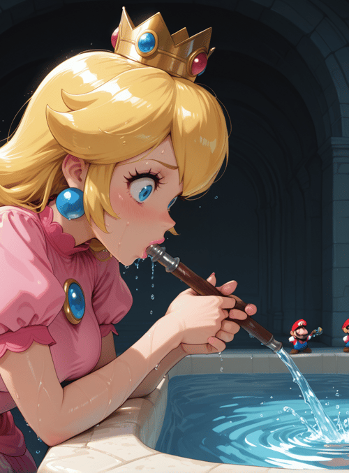 princess peach, mario, bathroom, bathtub, water faucet, crown, earrings, dress, toilet, pipe