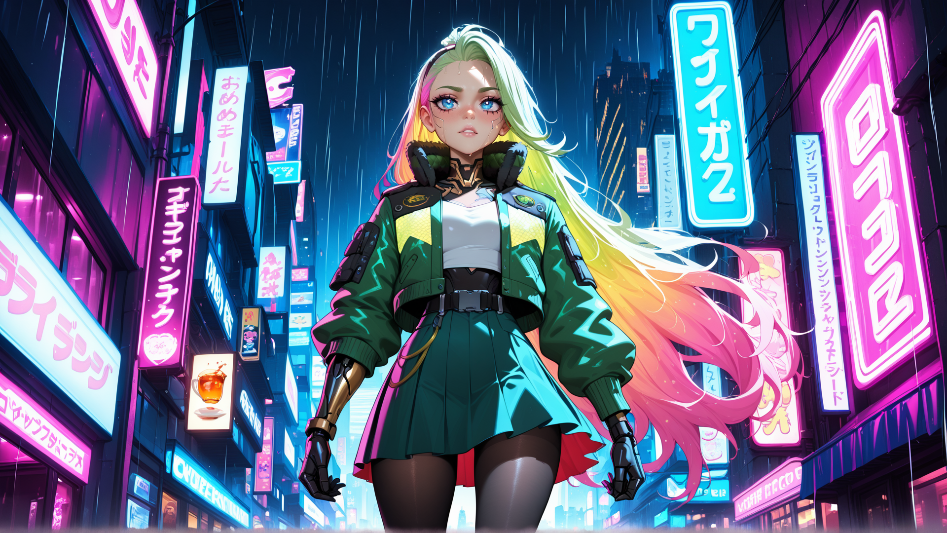 AI generated wallpaper featuring woman, neon, city, rain, cyberpunk, jacket, skirt, mechanical arm, signs, hair