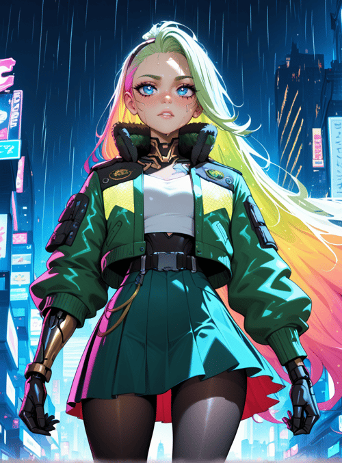 woman, neon, city, rain, cyberpunk, jacket, skirt, mechanical arm, signs, hair