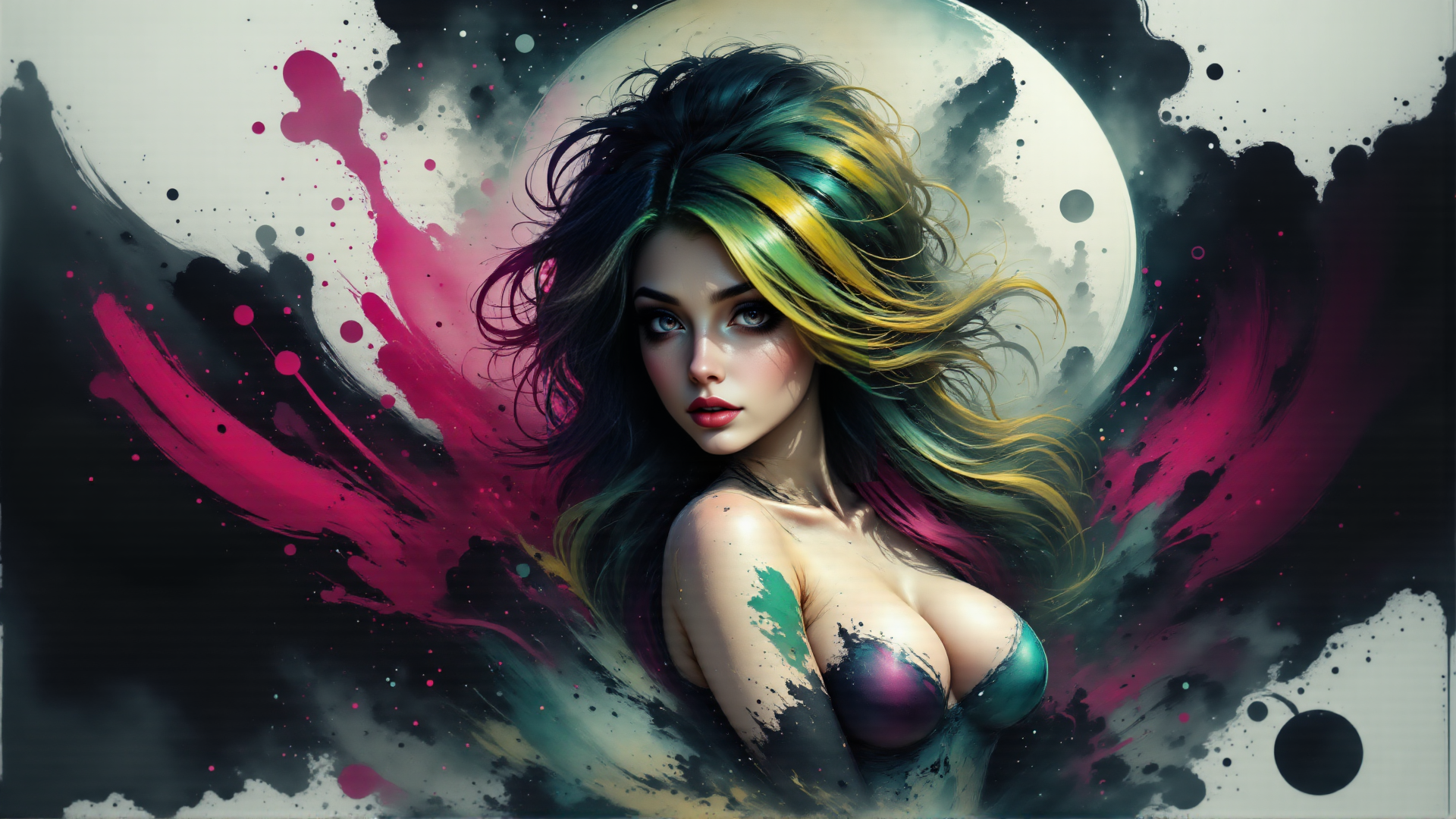 AI generated wallpaper featuring woman, hair, paint