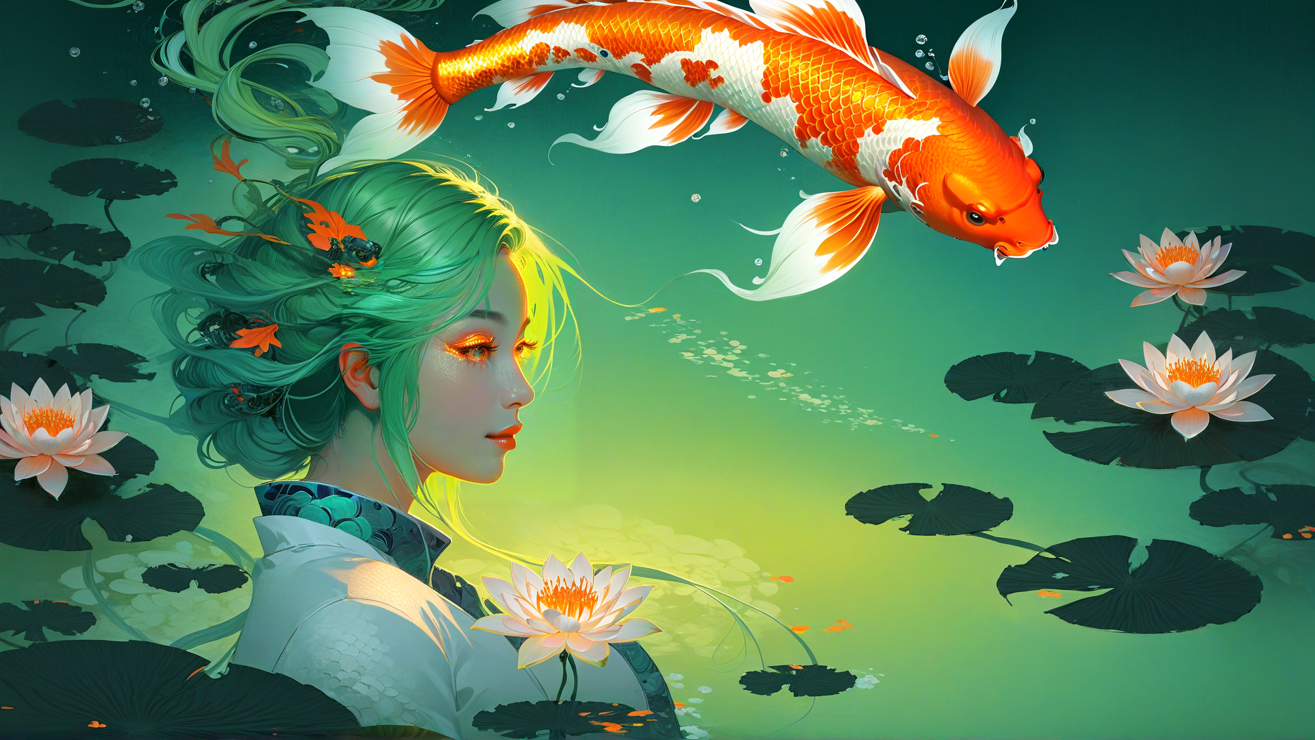AI generated wallpaper featuring woman, koi fish, lotus flower, lotus leaf