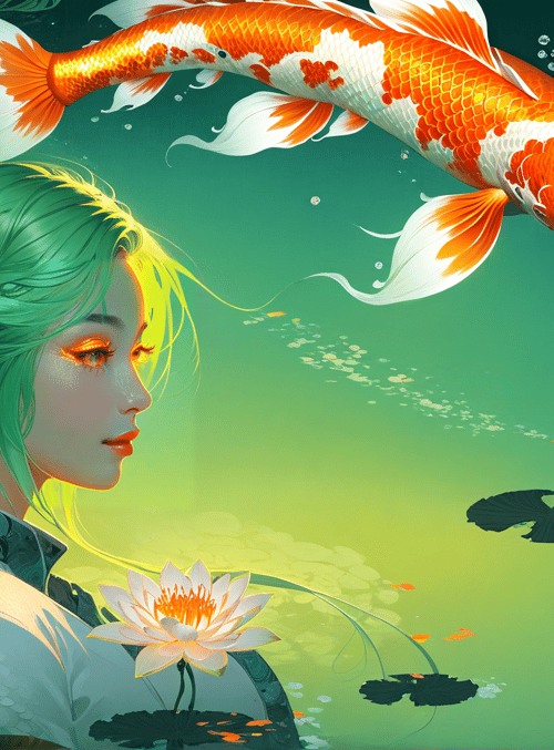 woman, koi fish, lotus flower, lotus leaf