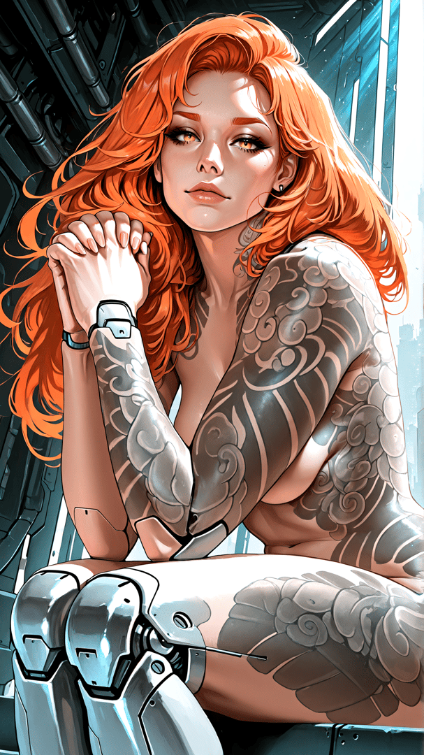 AI generated wallpaper featuring woman, red hair, tattoo, mechanical arm, robot