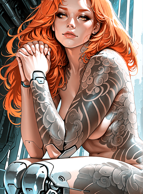 woman, red hair, tattoo, mechanical arm, robot
