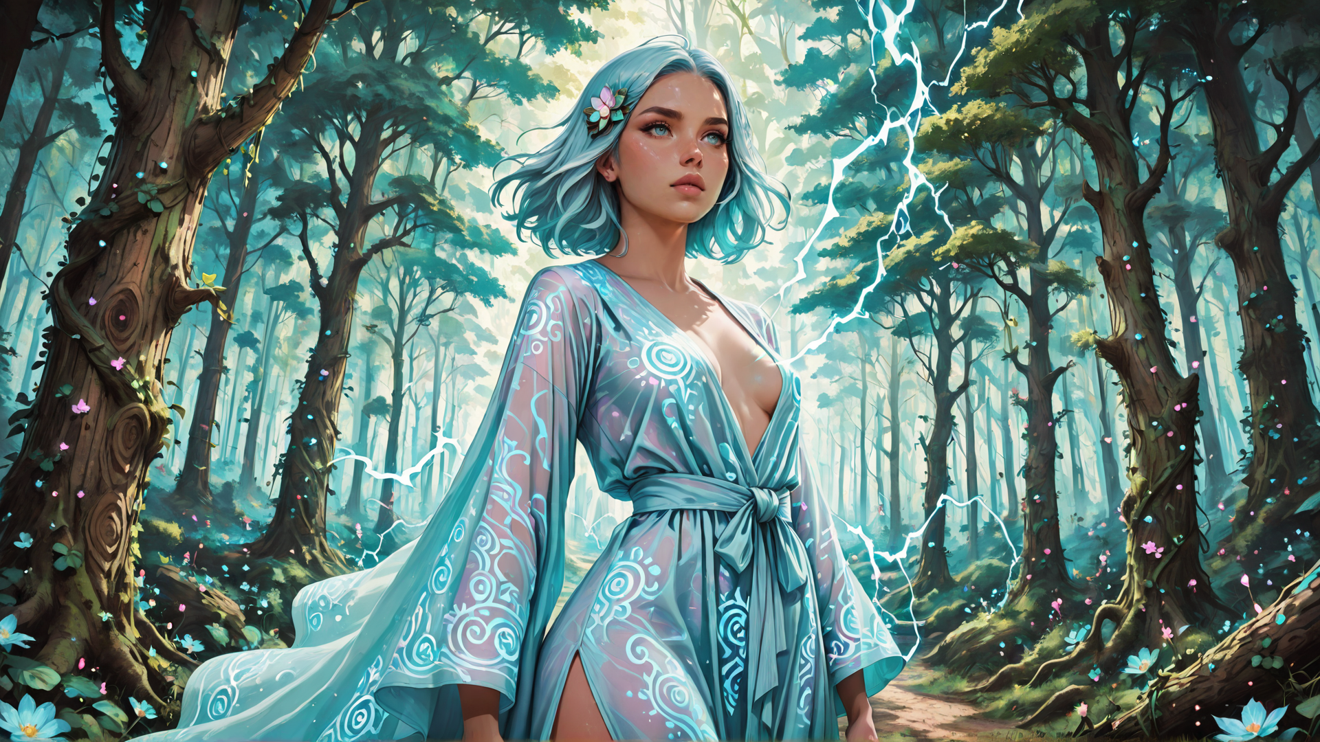 AI generated wallpaper featuring woman, forest, trees, lightning, dress, flowers, nature, fairy, goddess, magic