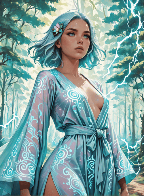 woman, forest, trees, lightning, dress, flowers, nature, fairy, goddess, magic