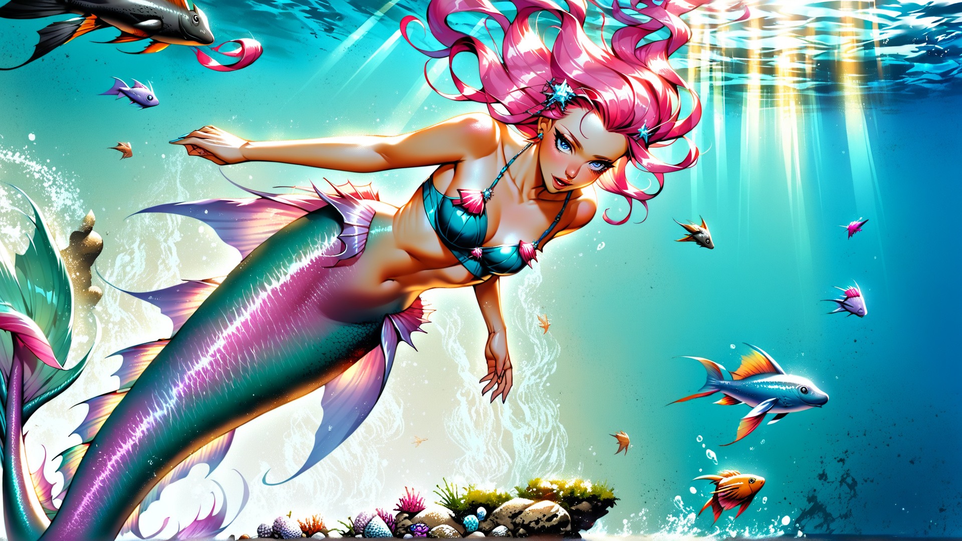 AI generated wallpaper featuring mermaid, fish, coral, seaweed, sunlight, water, pearl, starfish, sea plant, scales