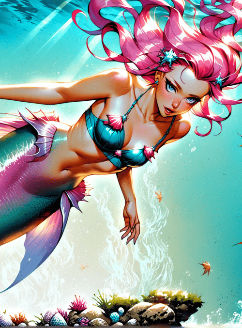 mermaid, fish, coral, seaweed, sunlight, water, pearl, starfish, sea plant, scales