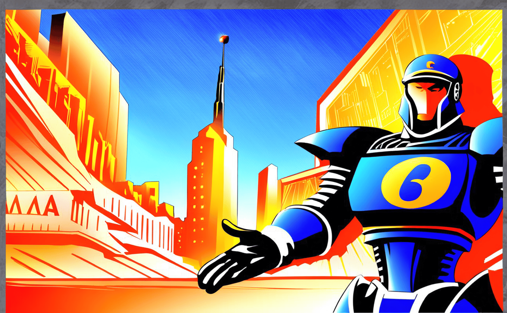AI generated wallpaper featuring robot, cityscape, tall buildings, tower, helmet