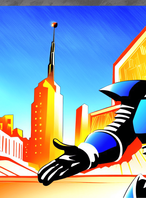 robot, cityscape, tall buildings, tower, helmet
