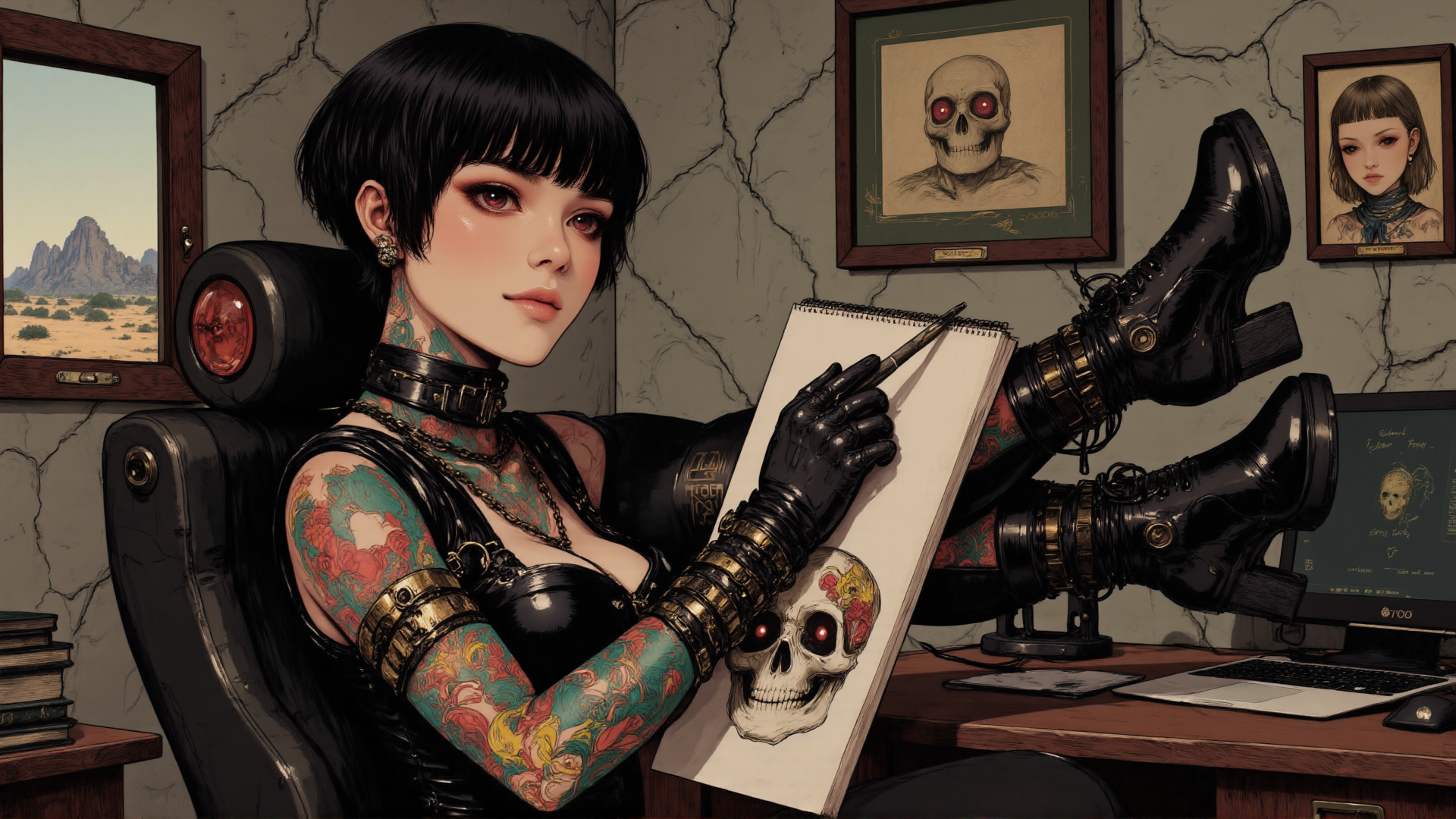 AI generated wallpaper featuring woman, tattoo, skull, boots, gloves, chair, desk, books, window, computer