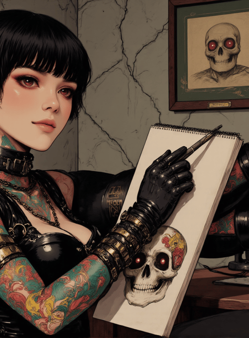 woman, tattoo, skull, boots, gloves, chair, desk, books, window, computer
