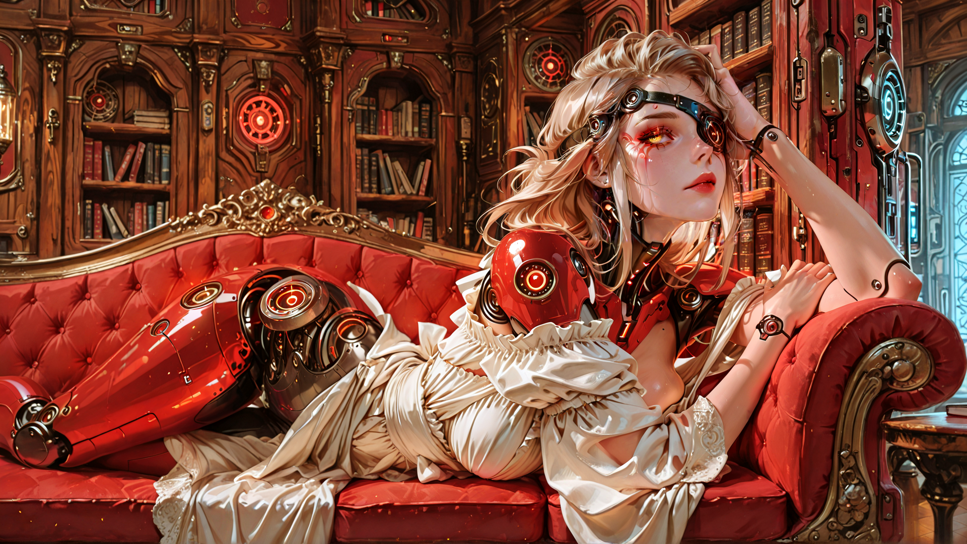 AI generated wallpaper featuring cyborg, woman, robot, sofa, bookshelf, glasses, headband, dress, mechanical, library