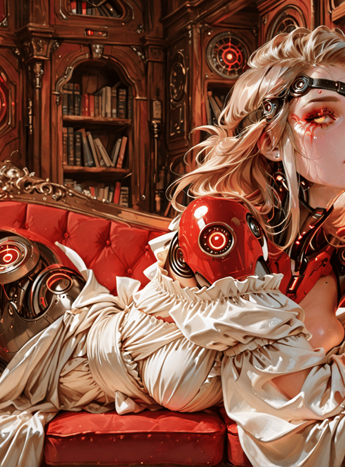 cyborg, woman, robot, sofa, bookshelf, glasses, headband, dress, mechanical, library