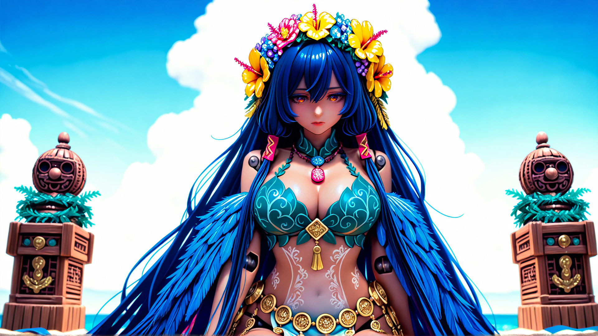 AI generated wallpaper featuring woman, hawaiian, princess, feather, flower, statue, tiki, beach