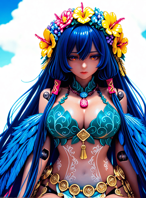 woman, hawaiian, princess, feather, flower, statue, tiki, beach