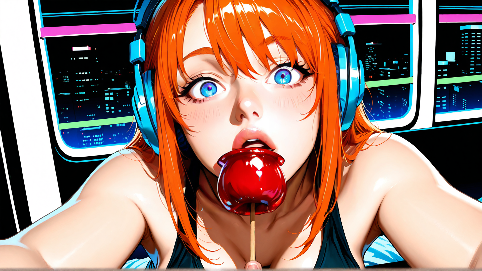 AI generated wallpaper featuring girl, headphones, candy, cityscape, window