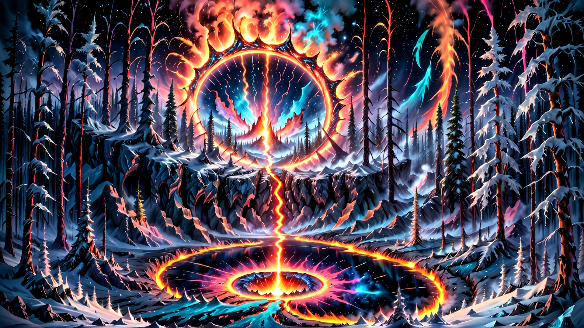 AI generated wallpaper featuring forest, circle, trees, mountains, lake, aurora, fire, sky, ice, stars