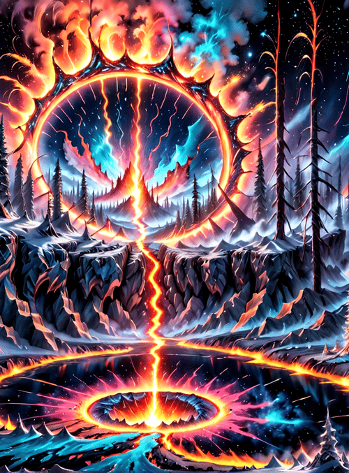 forest, circle, trees, mountains, lake, aurora, fire, sky, ice, stars