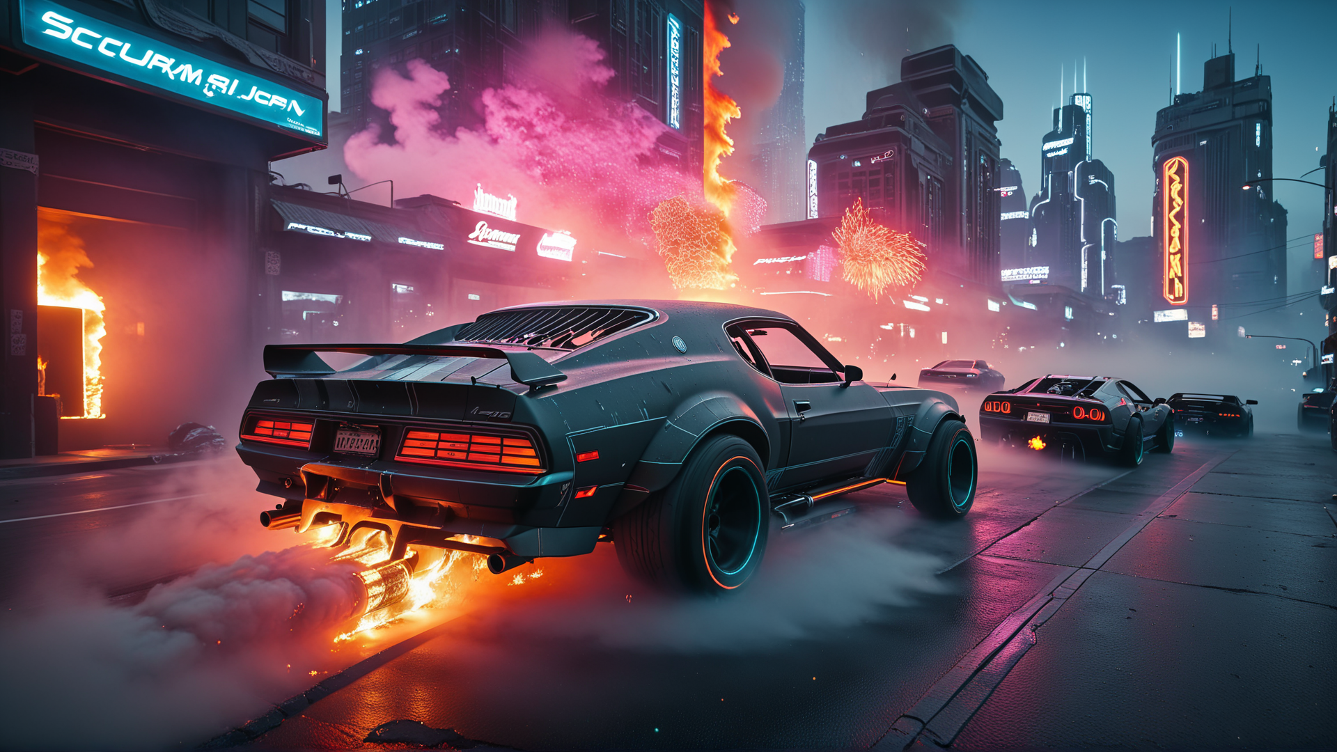 AI generated wallpaper featuring car, fireworks, city