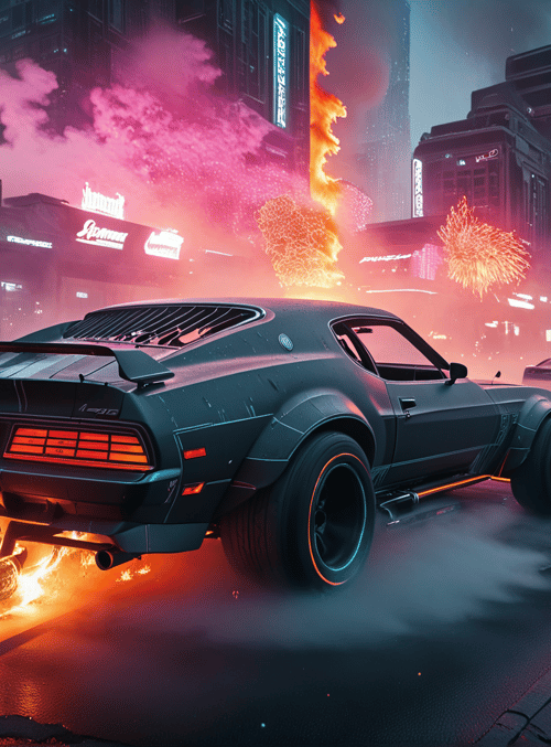 car, fireworks, city